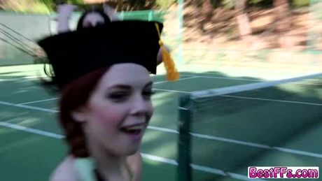 A group of horny teens bake something for their girlfriend on Graduation day and then fingers her deep after.