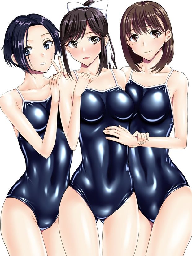 love plus anegasaki nene kobayakawa rinko takane manaka anzu (onelelee) high resolution 3girls black hair brown eyes brown hair competition school swimsuit competition swimsuit long hair multiple girls one-piece swimsuit ponytail red swimsuit shiny shiny