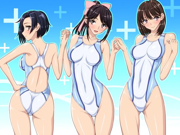 love plus anegasaki nene kobayakawa rinko takane manaka anzu (onelelee) 4:3 aspect ratio 3girls ass black hair brown eyes brown hair competition swimsuit highleg highleg swimsuit holding hands long hair multiple girls one-piece swimsuit ponytail short hai