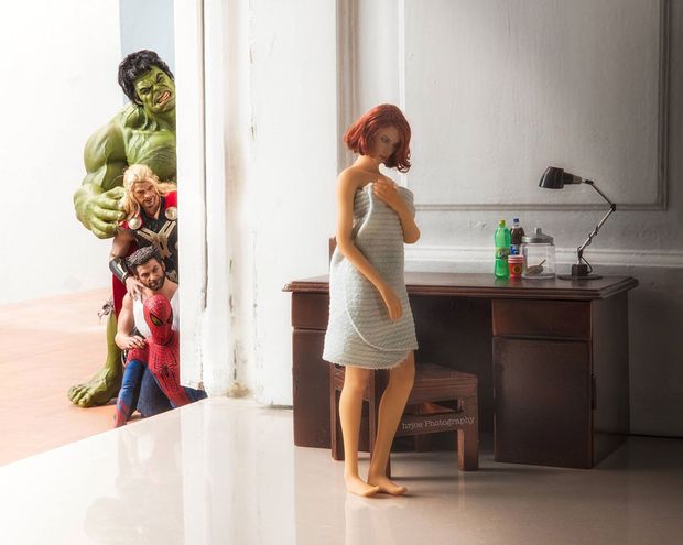 Black Widow in a towel in avengers mansion