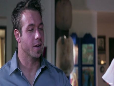 Cherie Deville in blindfold, sucks & fucks one guy while another watches, holds, gropes & mouth fucks her for jerk off cum on tits.