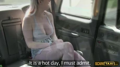 Hottie blondie chick rides a cab going home. The cab tricks her he will give her a free cab fare if she flash her huge tits.