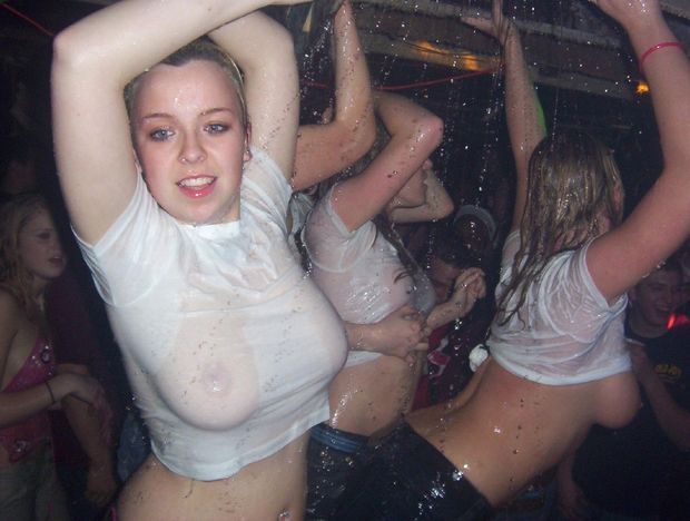 Girls dancing in wet t-shirts flashing tits