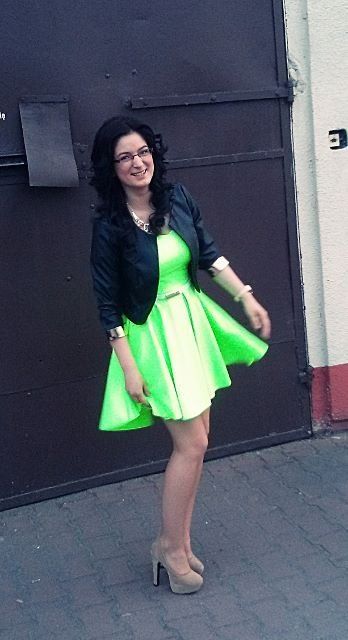 Cute brunette chick in green dress