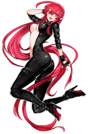 1girl absurdly_long_hair ass black_gloves blush bodysuit breasts center_opening cleavage fingerless_gloves full_body gloves high_heel_boots high_heels katagiri_hachigou long_hair navel open_mouth original pointy_ears red_eyes red_hair simple_background sm