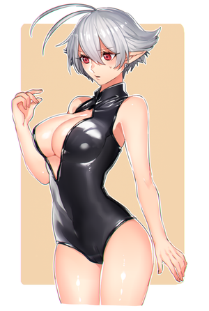 1girl ahoge antenna_hair black_swimsuit breasts cameltoe center_opening cleavage cleavage_cutout cowboy_shot front_zipper_swimsuit katagiri_hachigou large_breasts leotard one-piece_swimsuit original pointy_ears red_eyes short_hair silver_hair solo swimsui