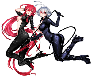 2girls :d absurdly_long_hair ahoge bikesuit black_boots black_legwear boots breasts cleavage collar high_heel_boots high_heels katagiri_hachigou knee_boots long_hair looking_at_viewer multiple_girls navel open_clothes open_mouth original platform_footwear