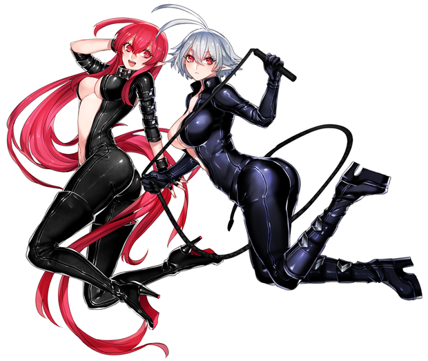 2girls :d absurdly_long_hair ahoge bikesuit black_boots black_legwear boots breasts cleavage collar high_heel_boots high_heels katagiri_hachigou knee_boots long_hair looking_at_viewer multiple_girls navel open_clothes open_mouth original platform_footwear
