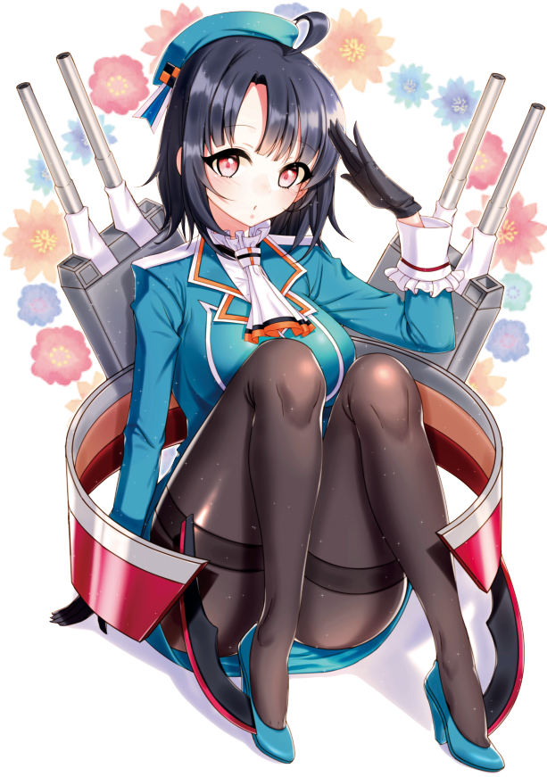 1girl ahoge arm_support bangs beret black_gloves black_hair black_legwear blue_footwear blush breasts cravat floral_background frills garter_straps gloves hat high_heels kantai_collection large_breasts looking_at_viewer pantyhose red_eyes salute seo short