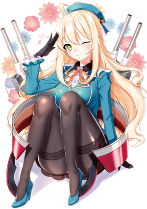 1girl ahoge arm_support atago_(kantai_collection) bangs beret black_gloves black_legwear blonde_hair blue_footwear bow breasts floral_background frills garter_straps gloves green_eyes hat high_heels kantai_collection large_breasts long_hair long_sleeves o
