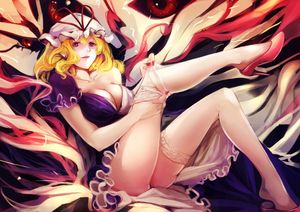 1girl blonde_hair bow breasts cleavage collarbone dress earrings frilled_dress frills hat hat_bow high_heels highres jewelry kalalasan large_breasts long_hair looking_at_viewer off_shoulder parted_lips solo thighhighs thighhighs_pull thighs touhou white_l