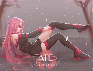 1girl black_boots black_dress black_legwear blindfold boots cherry_blossoms collar dress facial_mark fate/stay_night fate_(series) forehead_mark highres long_hair mizu_(dl7613) purple_hair rider sitting_on_water solo thigh_boots thighhighs thighhighs_pull