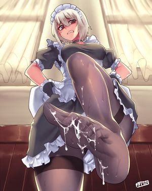 1girl apron black_dress black_legwear breasts clenched_teeth convenient_leg dress feet jjune large_breasts maid maid_apron maid_headdress original outstretched_foot pantyhose puffy_short_sleeves puffy_sleeves red_eyes short_hair short_sleeves silver_hair