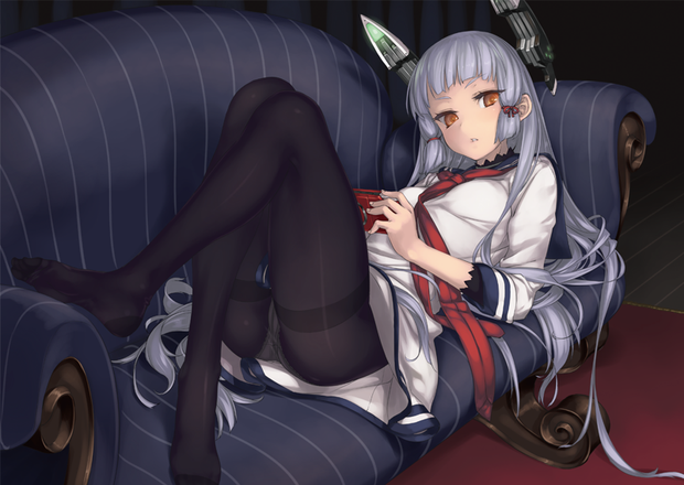 1girl bangs black_legwear blunt_bangs blush couch hair_ribbon headgear kantai_collection long_hair looking_at_viewer murakumo_(kantai_collection) panties panties_under_pantyhose pantyhose playing_games ribbon rokuwata_tomoe sailor_dress school_uniform ser