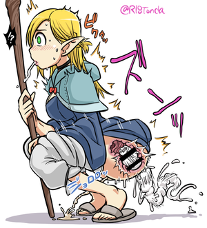 1girl anal anal_object_insertion blonde_hair blush braid cross_section dungeon_meshi green_eyes marushiru object_insertion peeing pointy_ears spitting squatting staff tonda twin_braids