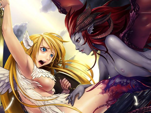 2girls angel angel_and_devil angel_wings areolae blonde_hair blue_eyes breasts character_request corruption demon_girl fantasy head_wings kometani_hisanobu large_breasts legs long_hair multiple_girls nipples pointy_ears red_eyes red_hair thighs underboob