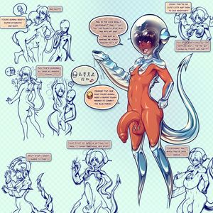 arm_cannon breast_expansion breasts brown_hair clenched_hand creature dark_skin demon_tail english erect_nipples foreskin futanari goo_girl heart helmet huge_breasts huge_penis living_clothes monster_girl newhalf nipple_penetration nitrotitan open_mouth o