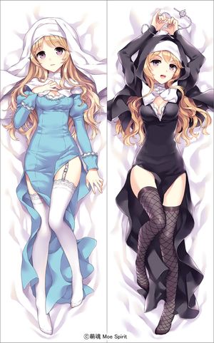 bad_id blonde_hair blue_eyes corruption dakimakura fishnet_legwear fishnets garter_straps garters legwear long_hair multiple_girls nardack nun open_mouth original purple_eyes safety_pin smile thighhighs white_legwear zettai_ryouiki