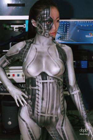 Interesting painted-on outfit.