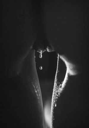 Close-up of a teen babe's peach tree after a successful shaking. She has to be feeling very satisfied because she's wet everywhere!