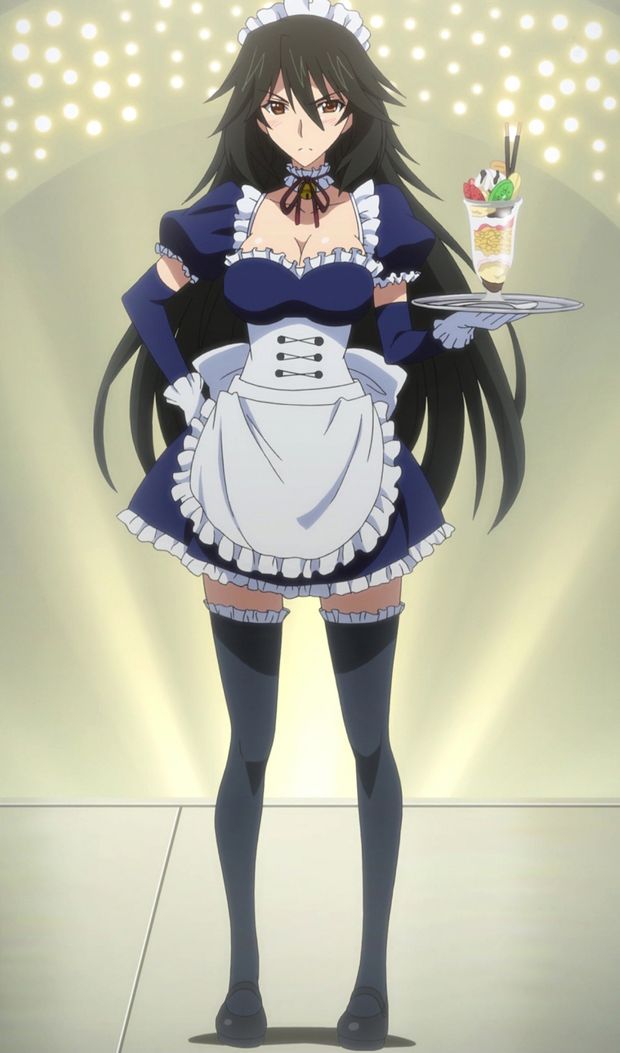 1girl apron bell black_hair breasts brown_eyes chocolate choker cleavage elbow_gloves food fruit gloves highres ice_cream infinite_stratos kiwifruit long_hair maid orimura_chifuyu parfait pocky screencap solo thighhighs tray whipped_cream zettai_ryouiki