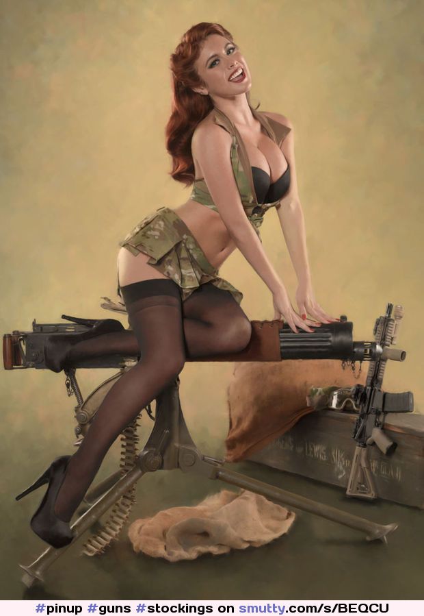 #pinup #guns #stockings #bigboobs #tits #bra #breatease #skirt #stockings #garters #heels #cleavage #redhair #abs #retro