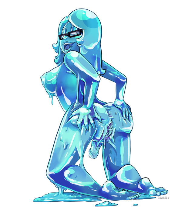 1girl anus blue_hair blue_skin breasts erect_nipples futanari glasses goo_girl huge_breasts kneeling long_hair monster_girl penis pussy simple_background solo spreading tagme