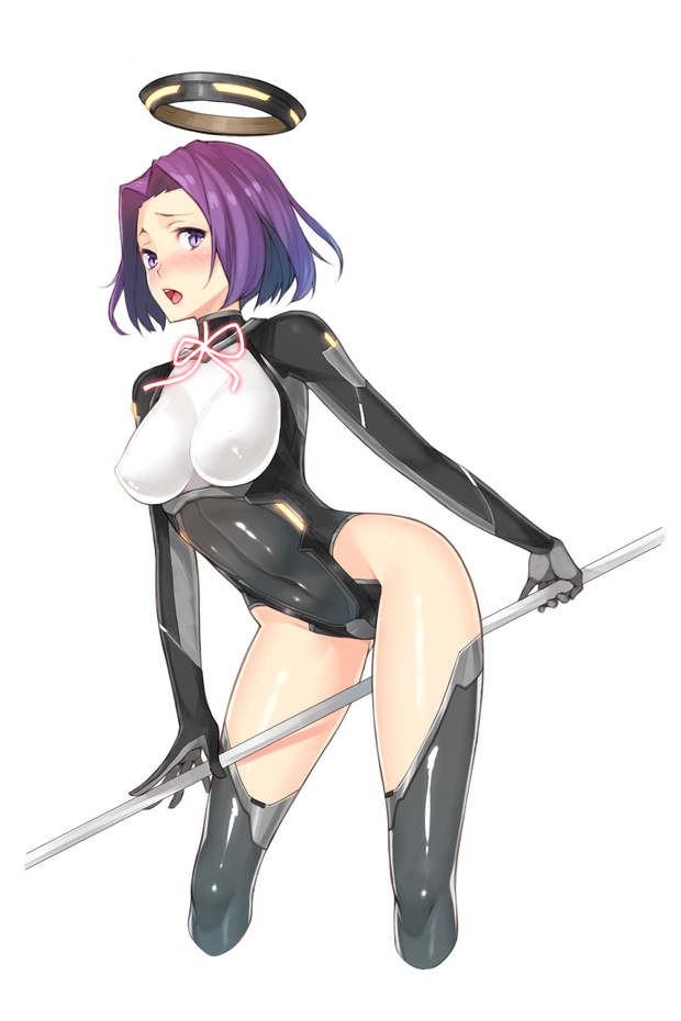 1girl :o alternate_costume between_legs black_legwear blush bodysuit breasts covered_navel cropped_legs embarrassed erect_nipples from_side glaive gloves glowing groin hair_intakes headgear highleg highleg_leotard highres holding holding_weapon impossible