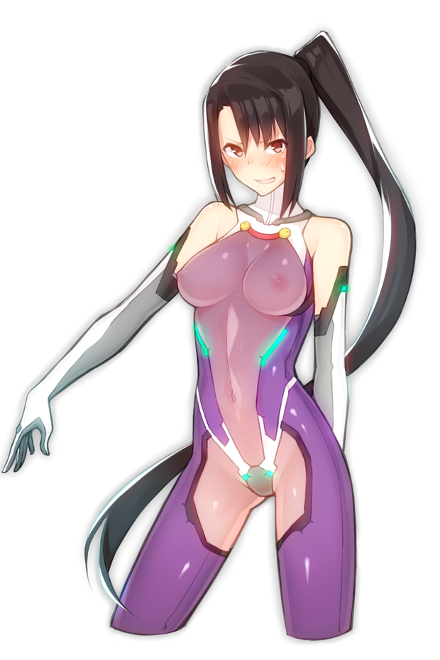 1girl alternate_costume areolae bare_shoulders black_hair blush bodysuit breasts covered_navel cropped_legs elbow_gloves gloves highres kantai_collection large_breasts long_hair looking_at_viewer nachi_(kantai_collection) navel nipples open_mouth ponytail