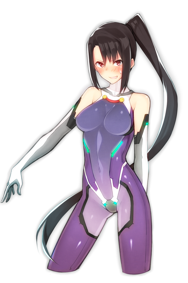 >:d 1girl :d alternate_costume arm_behind_back bangs bare_shoulders black_hair blush bodysuit breasts breasts_apart brown_hair covered_navel cowboy_shot cropped_legs elbow_gloves embarrassed gloves glowing hair_ornament halterneck high_ponytail highres ka