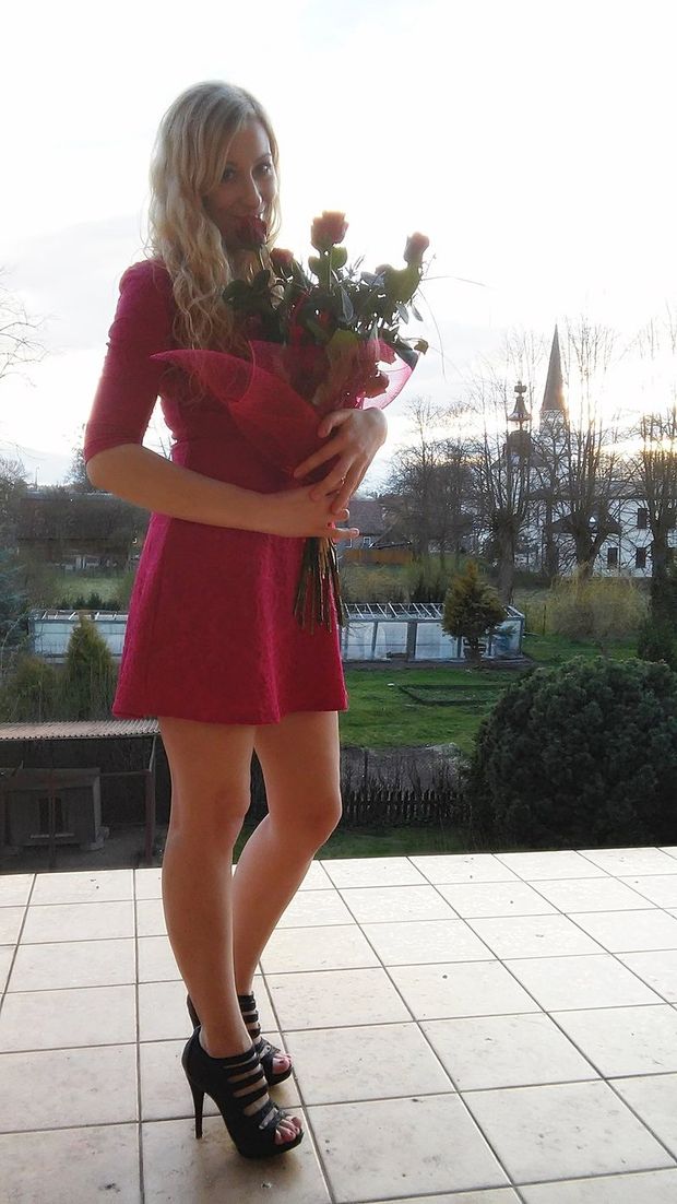 Nice blonde in mini red dress