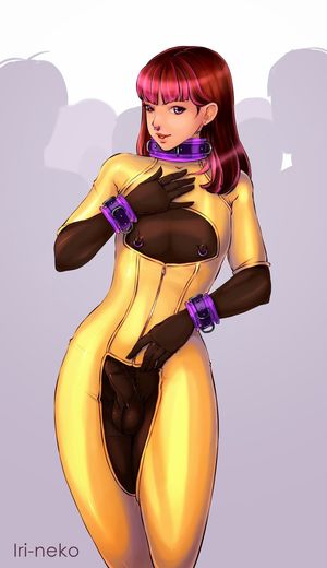 1boy androgynous bodysuit bracelet brown_hair bulge collar earrings erection_under_clothes gradient_hair highlights iri-neko little_penis long_hair male_focus nipple_piercing nipple_rings nipples nose_piercing penis piercing purple_eyes see-through simple