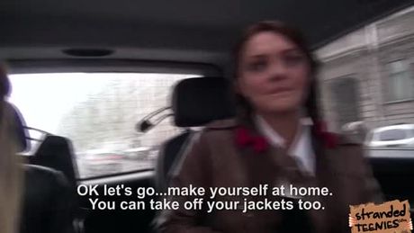 College babes Dominca and Jessi flirt to a dude. He lets them have a ride. They kiss each other at the back seat so the guy joins them.