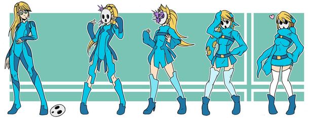 alternate_costume before_and_after belt blonde_hair blush bodysuit boots breast_expansion corruption dress femsub garter_straps green_eyes heart hypnotic_accessory long_hair magic mask metroid_(series) miniskirt nintendo samus_aran shyguy simple_backgroun