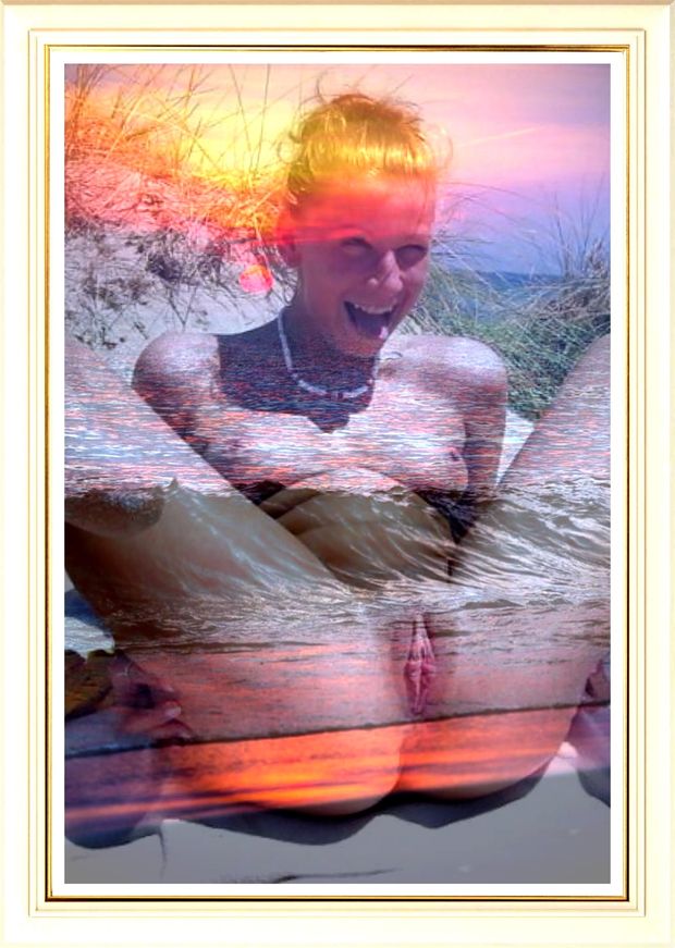 Artistic photo blend. Artsy porn. Spread eagle smiling beach girl.