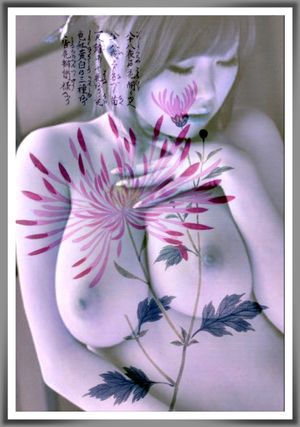 Rio Hamasaki purple flower fantasy. Artistic big beautiful boobs. Shy pose. Japanese art motif.