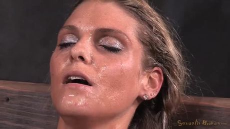 Shackled to sybian in breast bondage and facefucked by BBC