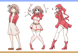 before_and_after belt breast_expansion brown_eyes brown_hair corruption dress femsub heart high_heels mask nintendo original resisting shoes short_hair shyguy spring_(artist) thighhighs transformation