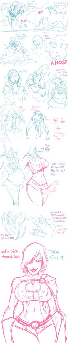 alternate_costume before_and_after breast_expansion comic corruption dc_comics femdom femsub large_breasts lips long_hair muscle_girl parasite possession power_girl short_hair sketch slime slitch stomach_bulge super_hero supergirl text transformation
