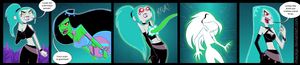 alternate_hair_style black_hair blue_hair comic danny_phantom_(series) desiree ember_mclain femdom femsub genie glowing_eyes large_breasts long_hair possession rhaokja text