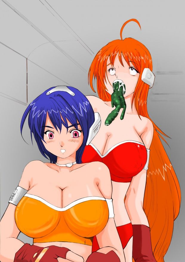 blue_hair drool empty_eyes femsub hypnotic_tentacle large_breasts long_hair parasite red_hair short_hair tentacles thighhighs topless underwear