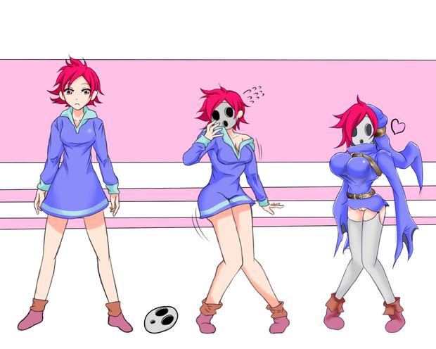 bottomless breast_expansion corruption earthbound femsub hypnotic_accessory kasai-ya kumatora large_breasts mask nintendo pussy shyguy thighhighs transformation