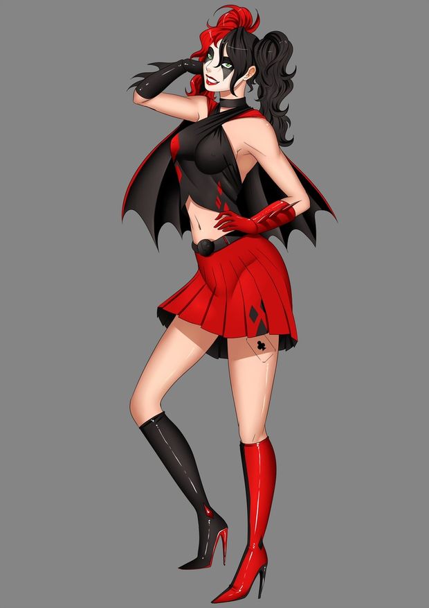 absurdres alternate_costume alternate_hair_color alternate_hair_style batman_(series) batwoman black_hair collar corruption dc_comics femdom femsub happy_trance harley_quinn high_heels kate_kane long_hair oo_sebastian_oo red_hair super_hero twintails west