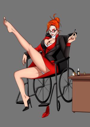 absurdres alternate_costume alternate_hair_style barbara_gordon collar corruption dc_comics femdom femsub glasses hair_buns happy_trance harley_quinn high_heels large_breasts long_hair magic makeup office_lady oo_sebastian_oo oracle red_hair super_hero ta