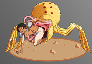 ada_carli black_hair dark_skin faux_drider femsub large_breasts oo_sebastian_oo open_mouth original short_hair spider torn_clothes vore