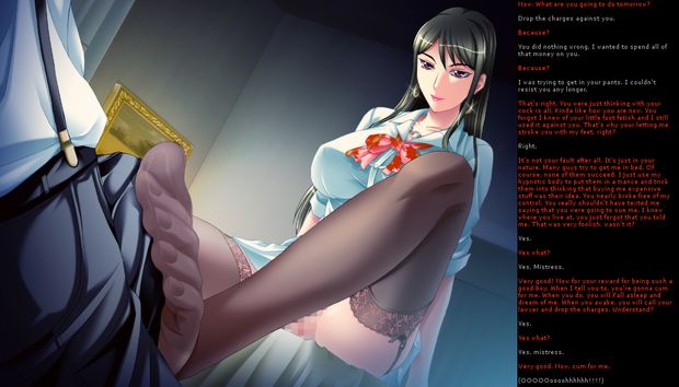 black_hair bottomless caption_only feet femdom footjob hwd171_(manipper) large_breasts long_hair malesub manip text thighhighs