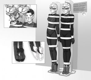 absurdres bondage feet femsub ghost_in_the_shell headphones high_heels lostonezero motoko_kusanagi short_hair tech_control text visor yoko_kayabuki