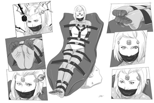 absurdres bodysuit bondage comic empty_eyes femsub gag lostonezero microchip original short_hair shrunken_irises tech_control western