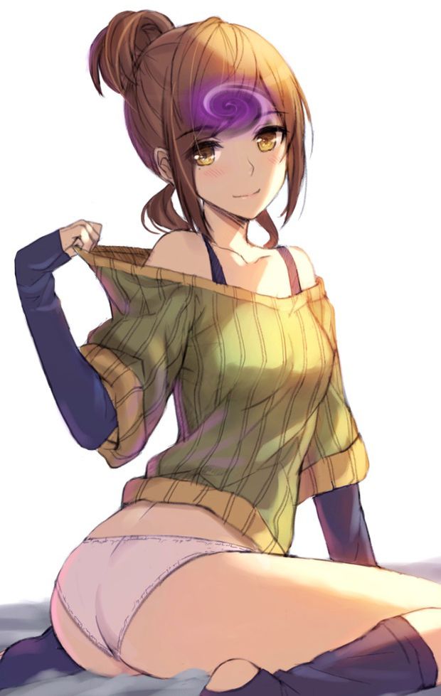 arm_warmers blush brown_eyes brown_hair female_only femsub kayvaan_(manipper) magic manip mittens original panties smile socks spiral sweater tonee underwear white_panties