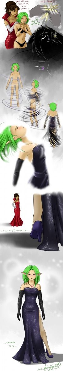 absurdres bottomless bra breast_expansion brown_hair comic corruption dazed elf_ears empty_eyes femdom femsub gloves green_hair high_heels hypnotic_accessory long_hair necklace nude opera_gloves original panties shadowednavi short_hair text topless underw